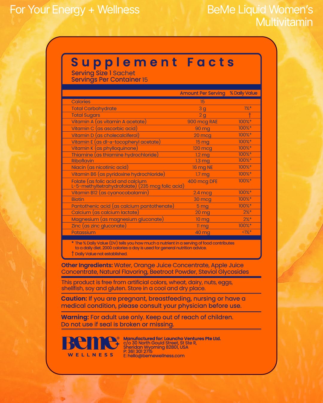 BeMe Liquid Multivitamins for Women - Advanced Liquid Delivery System with 13 Vitamins & Minerals - Tear & Go Sachets, Non-GMO, Orange Flavor (15 Sachets) BeMeBuy Supplements Australia
