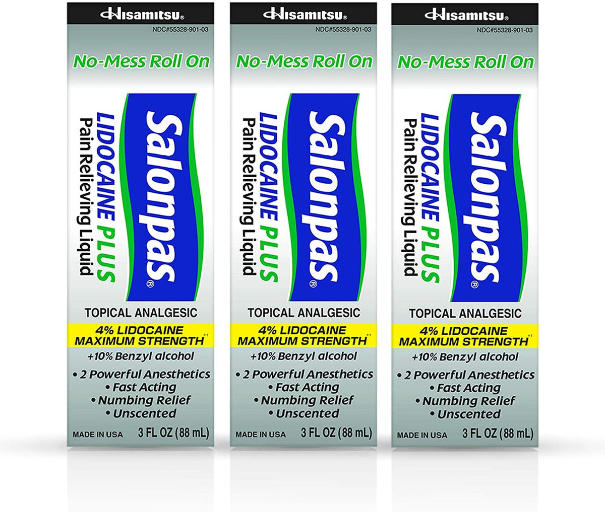 Salonpas LIDOCAINE Plus 3 oz ROLL ON Pain Relieving Liquid! Maximum Strength 4% Lidocaine for Numbing Pain Relief! Mess Free Application! (3 Pack) SalonpasBuy Supplements Australia
