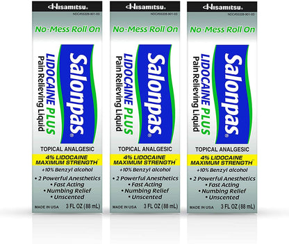 Salonpas LIDOCAINE Plus 3 oz ROLL ON Pain Relieving Liquid! Maximum Strength 4% Lidocaine for Numbing Pain Relief! Mess Free Application! (3 Pack) SalonpasBuy Supplements Australia