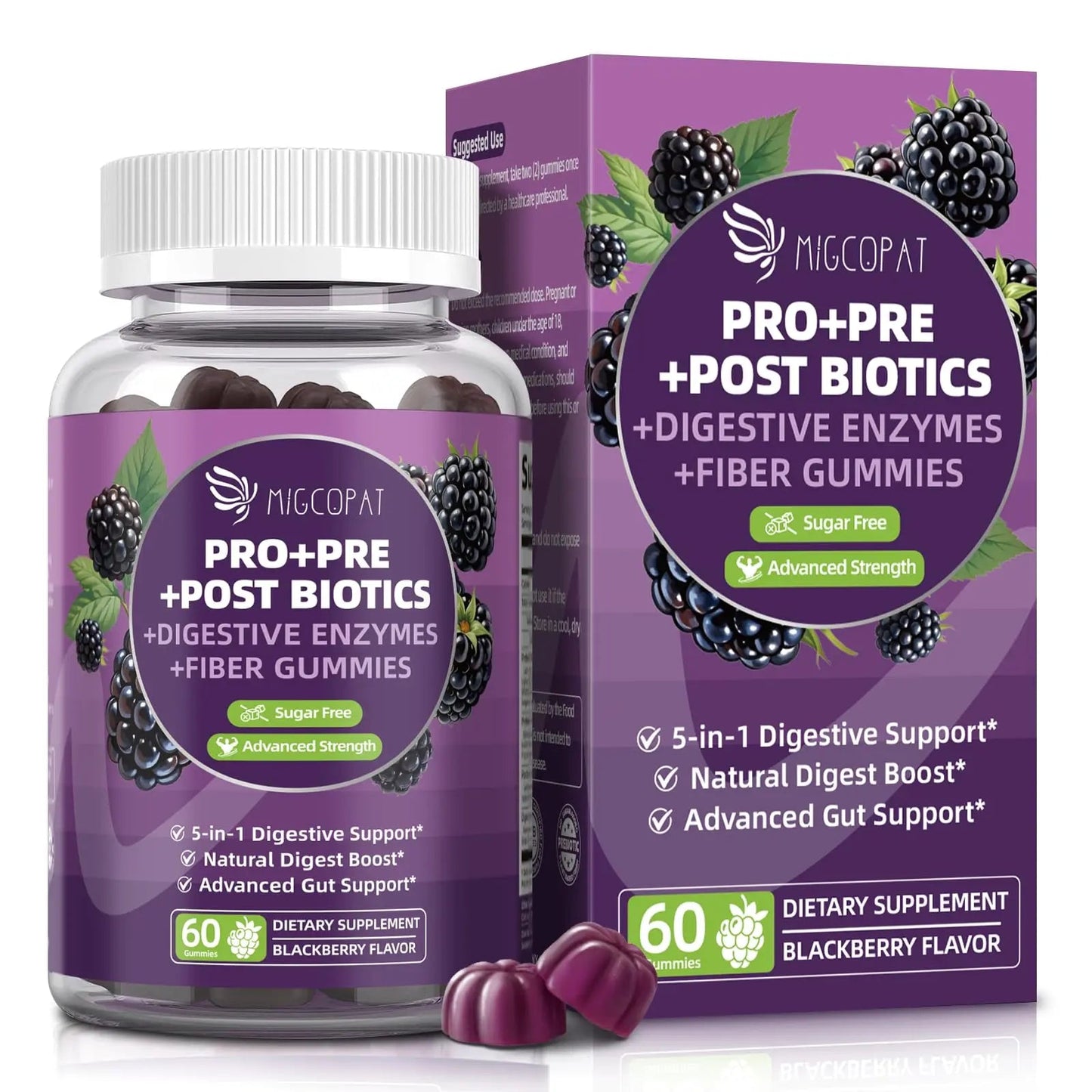Migcopat Pre Post Probiotics Gummies, 5 in 1 Probiotic Prebiotic Postbiotic Digestive Enzymes with Fiber, 120 Billion CFU Probiotics Complete Gut Support, Sugar Free, Vegan, BlackBerry Flavor, 60 Cts MigcopatBuy Supplements Australia