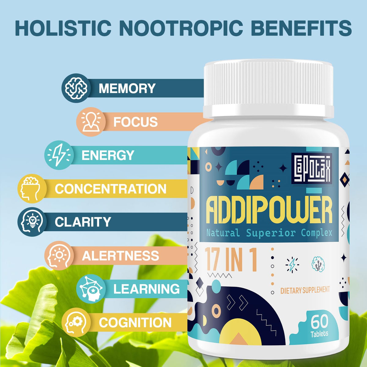 17-in-1 Brain Supplement for Memory and Focus | Nootropic Brain Supplement for Mental Clarity, Concentration, Alertness | Natural Nootropics with Herbal Extracts, Vitamins & Amino Acids (120 Tablets) SapotaxBuy Supplements Australia