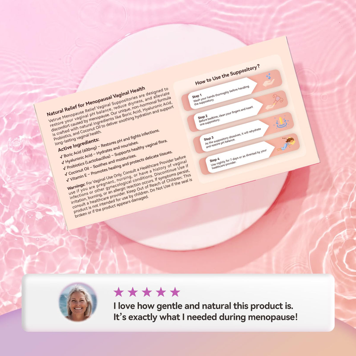 Vetrue Menopause Relief Vaginal Suppositories, Non-Hormonal, All-Natural Formula with Boric Acid, Hyaluronic Acid, Probiotics, Coconut Oil & Vitamin E, Soothes Vaginal Dryness & Discomfort(12 Inserts) vetrueBuy Supplements Australia