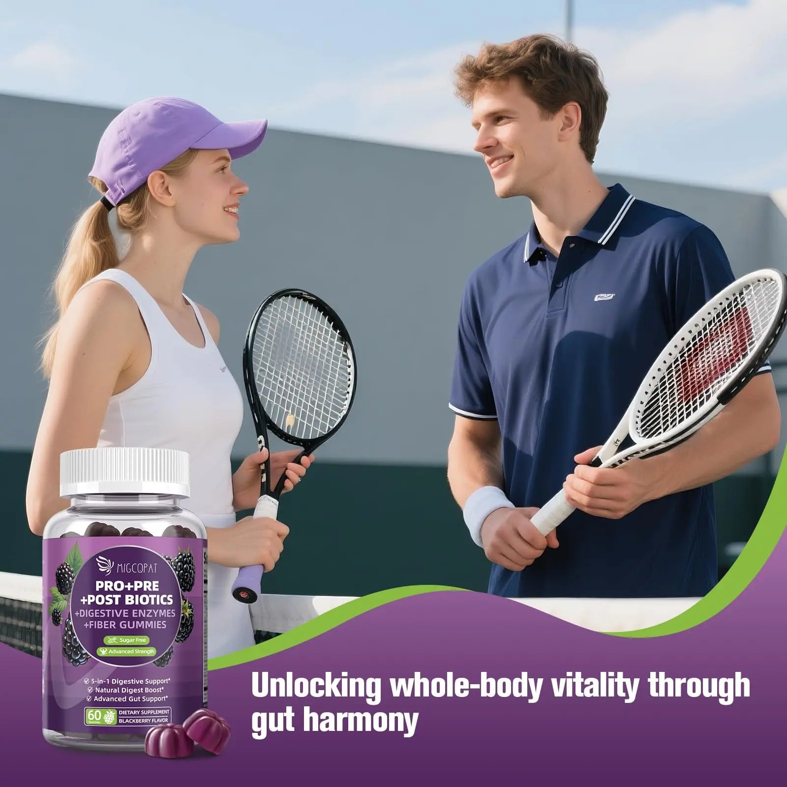 Migcopat Pre Post Probiotics Gummies, 5 in 1 Probiotic Prebiotic Postbiotic Digestive Enzymes with Fiber, 120 Billion CFU Probiotics Complete Gut Support, Sugar Free, Vegan, BlackBerry Flavor, 60 Cts MigcopatBuy Supplements Australia