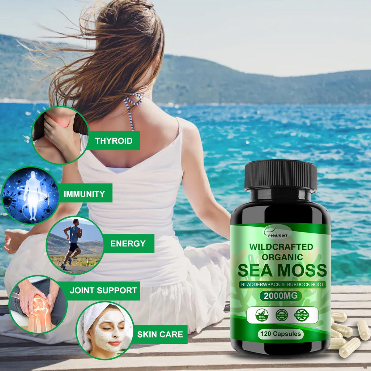 Fleamart Irish Sea Moss Capsules 120ct Raw Organic Sea Moss Wildcrafted Bladderwrack FleamartBuy Supplements Australia
