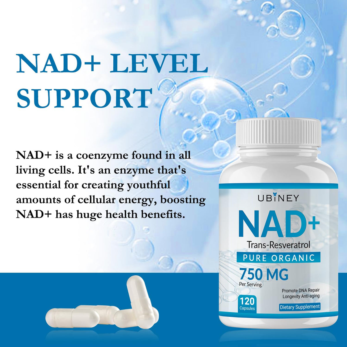 Ubiney NAD+ 750mg with Trans-Resveratrol – Pure Organic Nicotinamide Adenine Dinucleotide Supplement – DNA Repair, Cellular Energy, Anti-Aging Support – 120 Vegan Capsules, Non-GMO, Gluten-Free UbineyBuy Supplements Australia