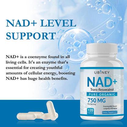 Ubiney NAD+ 750mg with Trans-Resveratrol – Pure Organic Nicotinamide Adenine Dinucleotide Supplement – DNA Repair, Cellular Energy, Anti-Aging Support – 120 Vegan Capsules, Non-GMO, Gluten-Free UbineyBuy Supplements Australia