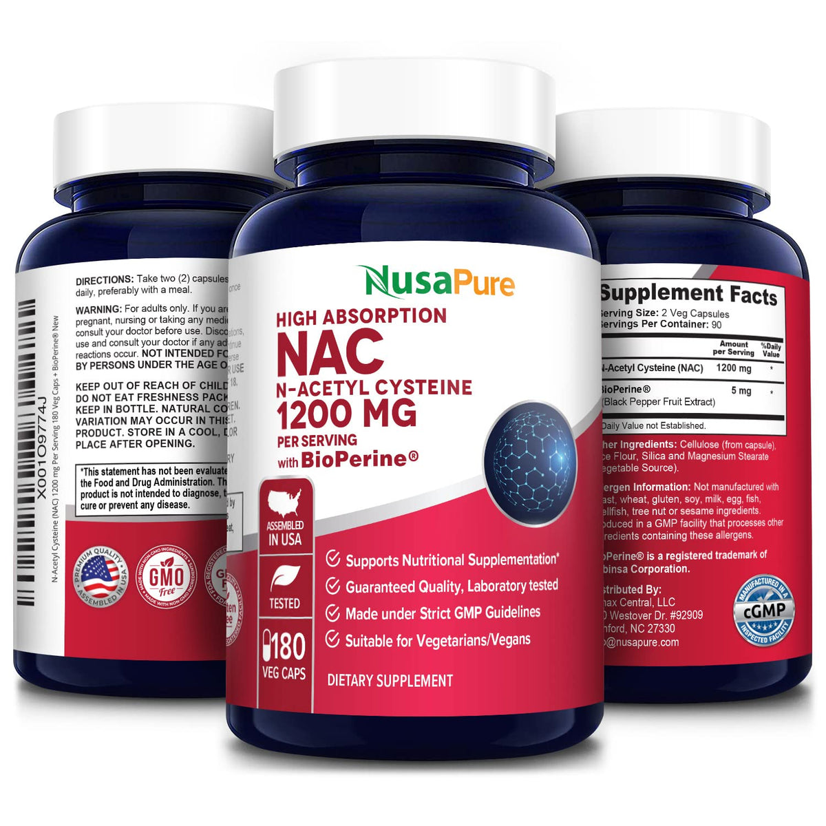 NusaPure N-Acetyl Cysteine (NAC) 1200mg 180 Veggie Caps (Vegetarian, Non-GMO, Gluten Free) Bioperine NusaPureBuy Supplements Australia