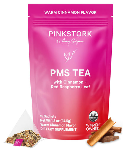 Pink Stork Organic PMS Tea for Hormone Balance, Mood Swings, Bloating, and Period Regularity - 8 Herbs - Vitex, Red Raspberry Leaf, Chamomile - Caffeine-Free - 15 Sachets, Hot or Iced Pink StorkBuy Supplements Australia