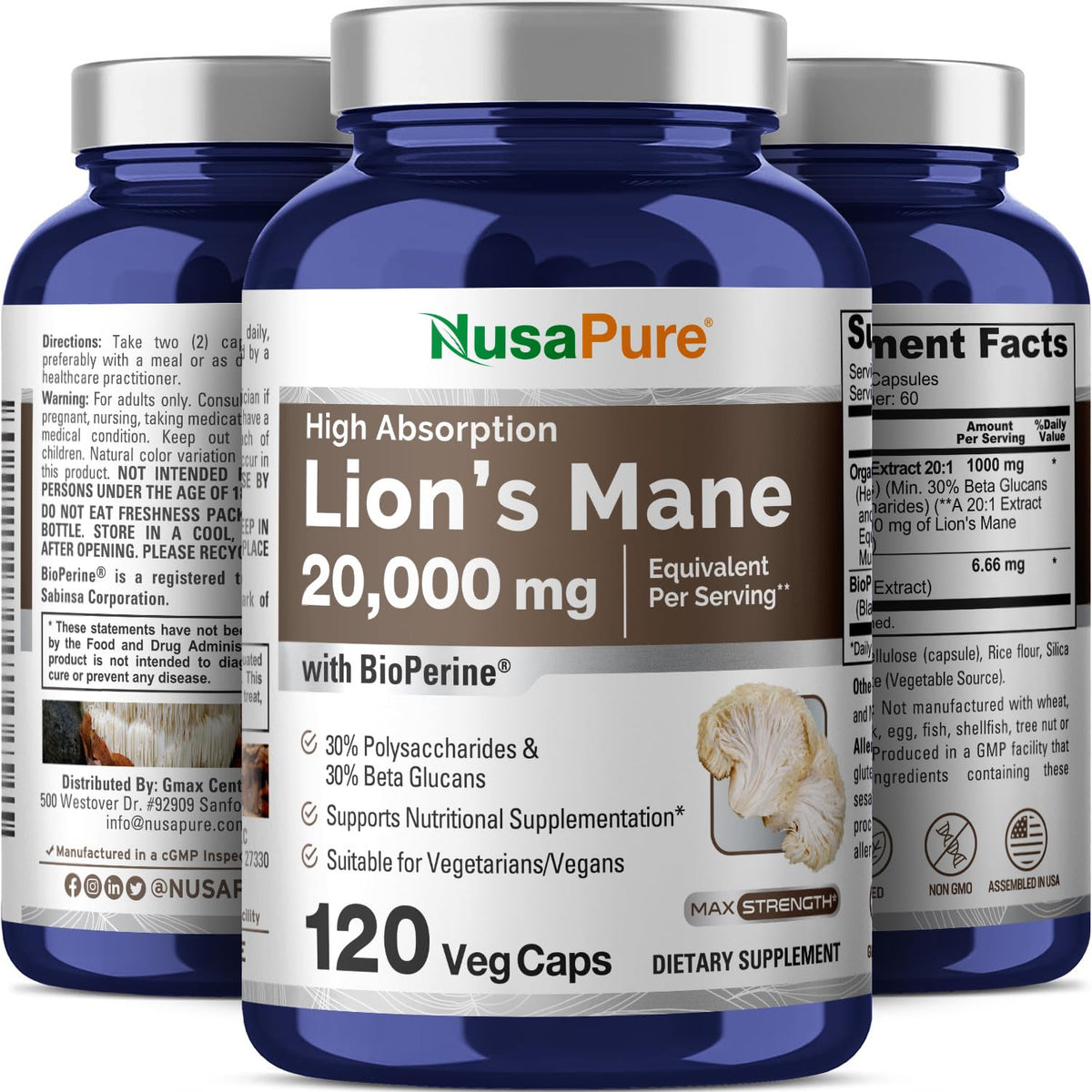 NusaPure Lions Mane 20:1 Extract (20,000 mg Equivalent) - Made with Organic Lion`s Mane, Bioperine - 30% Polysaccharides - 120 Veggie Caps. Non-GMO, Gluten Free NusaPureBuy Supplements Australia