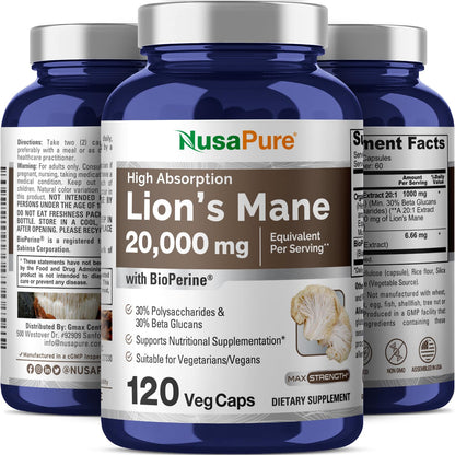NusaPure Lions Mane 20:1 Extract (20,000 mg Equivalent) - Made with Organic Lion`s Mane, Bioperine - 30% Polysaccharides - 120 Veggie Caps. Non-GMO, Gluten Free NusaPureBuy Supplements Australia