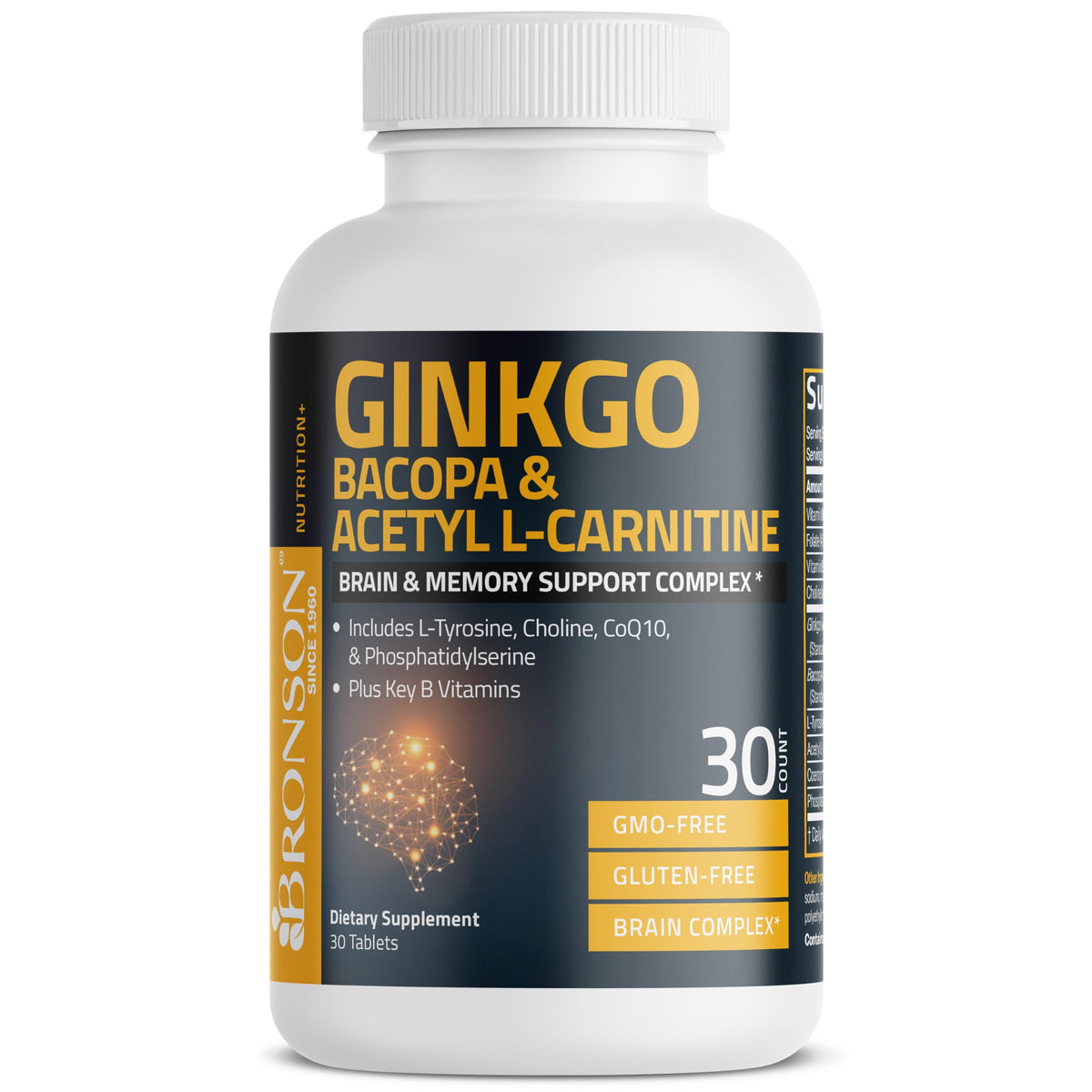 Bronson Ginkgo, Bacopa & Acetyl L-Carnitine Brain & Memory Support Complex with L-Tyrosine, Choline, CoQ10 & Phosphatidylserine Plus Key B Vitamins Non-GMO, 30 Tablets BronsonBuy Supplements Australia