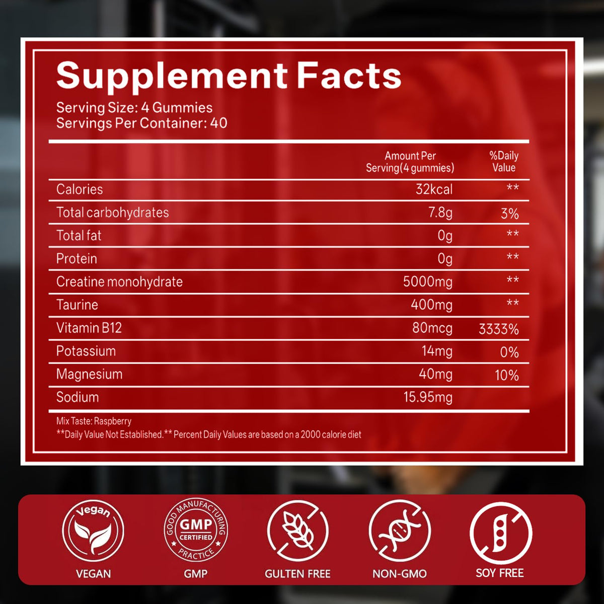 GABE SUNNYBEARS Creatine Gummies, NSF Certified, 5g Creatine Monohydrate per Serving with Taurine & B12, Raspberry Flavor, 160 Count, for Men & Women GABE SUNNYBEARSBuy Supplements Australia