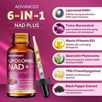 Liposomal NAD Supplement - 1200mg NAD+ Liquid Drops for Women & Men with Nicotinamide, Resveratrol, Quercetin, TMG, Black Pepper Extract - Brain & Cellular Mitochondrial Health, Anti-Aging, Longevity GZ HAOYUANBuy Supplements Australia