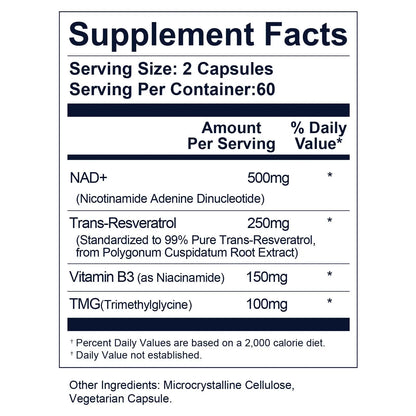 Life Nutrition NAD+ Supplement 1000 mg - 120 Capsules True NAD+ & Resveratrol, NMN Alternative Supports Anti-Aging, Cellular Energy & Repair, Metabolism & Brain Boost for Men & Women Life NutritionBuy Supplements Australia