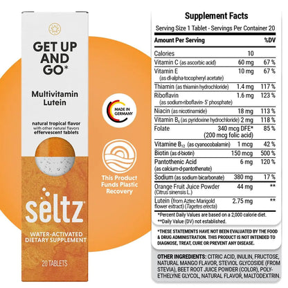 Seltz® Get Up and Go – Effervescent Multivitamin with Lutein for Daily Energy, Eye Health & Antioxidant Support Seltz