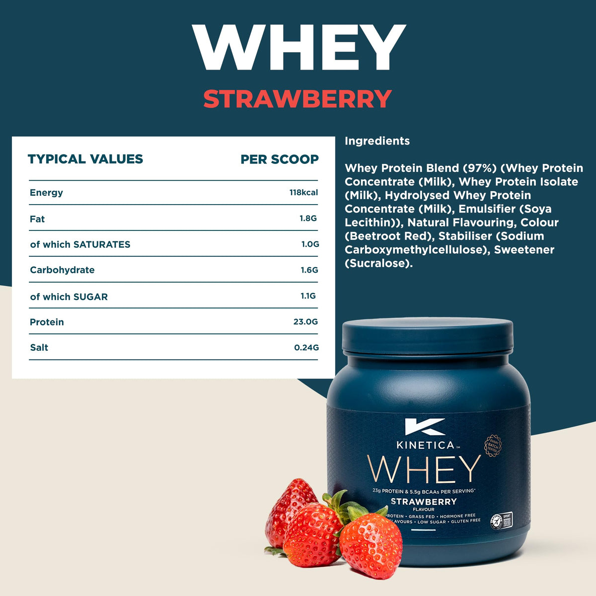 Kinetica Premium Whey Protein Powder | Grass Fed | Strawberry | 1kg | 33 Servings KineticaBuy Supplements Australia