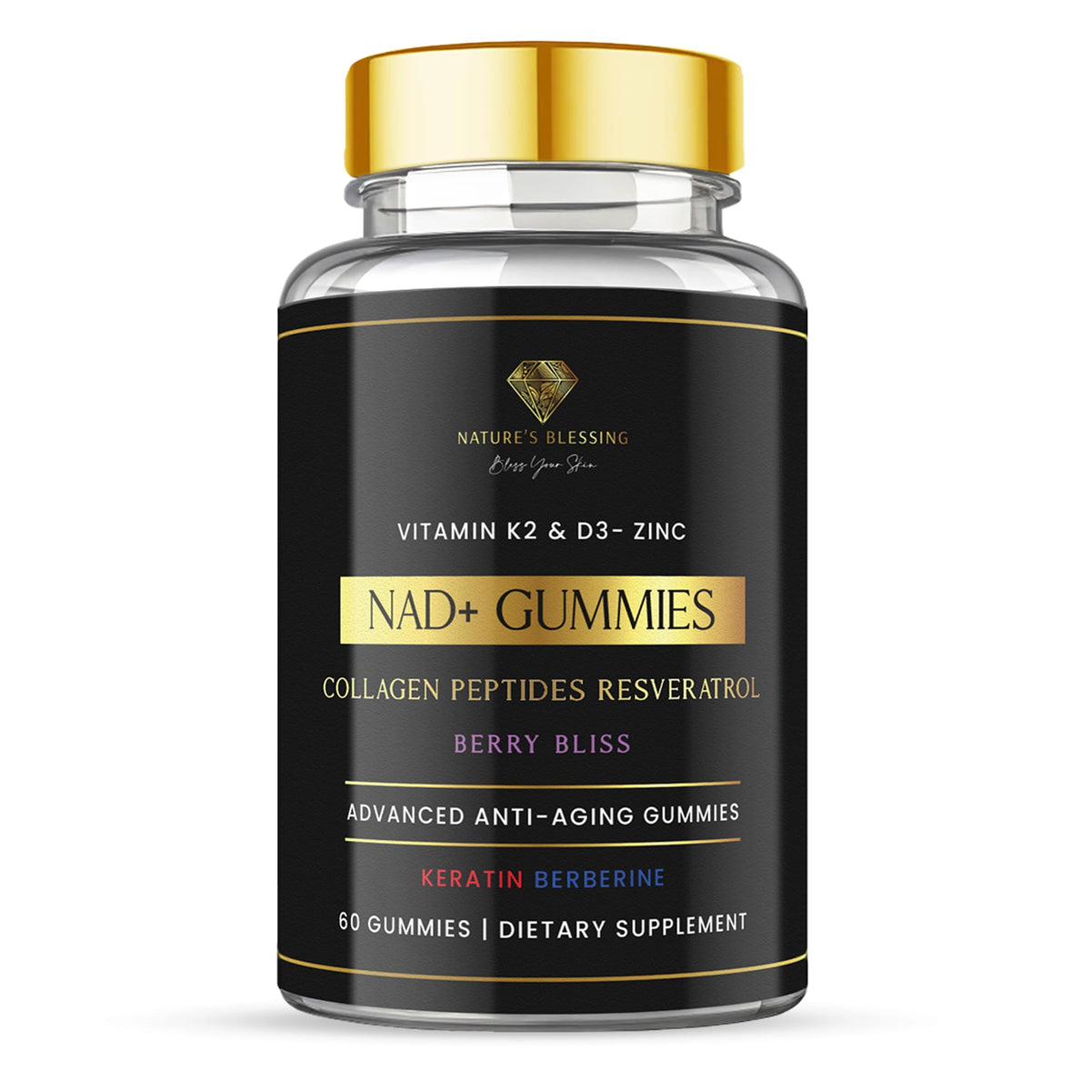 Nature's Blessing NAD+ Anti-Aging Gummies – Boost Cellular Repair, Brain Clarity & Radiant Skin – with Biotin, Collagen, Resveratrol, Vitamin D3, K2, Zinc & Keratin – Delicious Berry Bliss Nature's BlessingBuy Supplements Australia