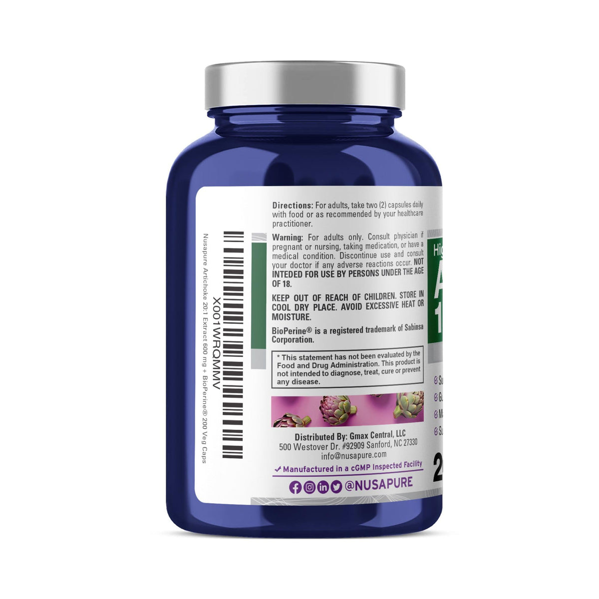 NusaPure Artichoke 20:1 Extract, 600 mg Equivalent to 12,000mg 200 Veggie caps (Non-GMO, Gluten Free) NusaPureBuy Supplements Australia