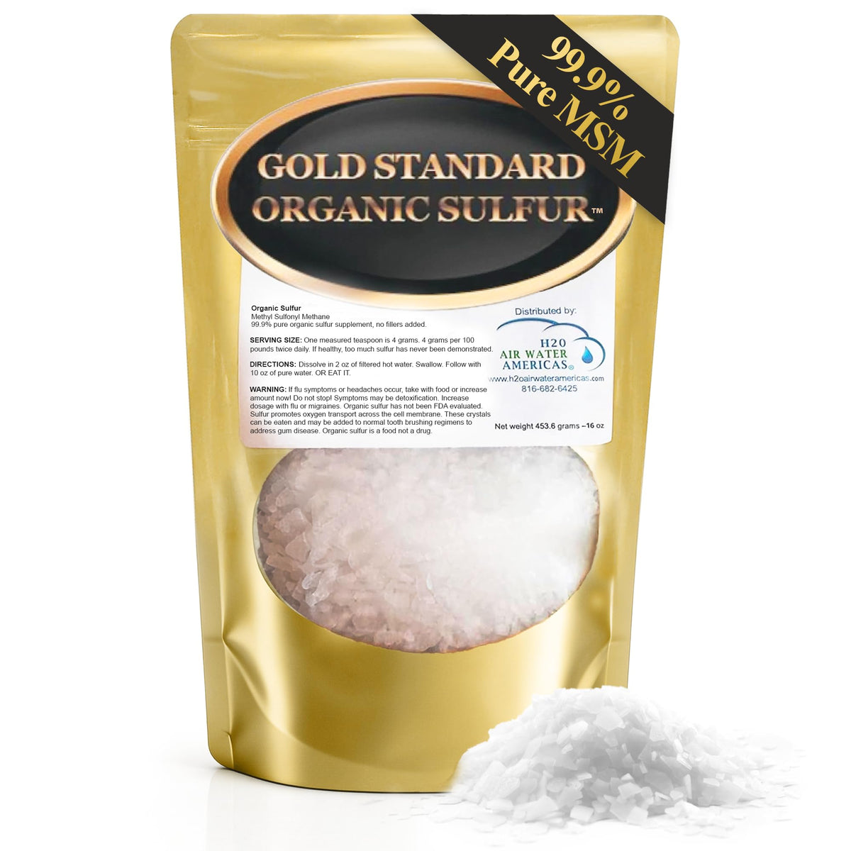 Gold Standard Organic Sulfur Crystals 1lb - 99.9% Pure MSM Crystals - High-Purity MSM Supplement Powder - Large Granular Flakes - 3rd Party Tested for Purity H2O Air Water Americas buy supplements Au