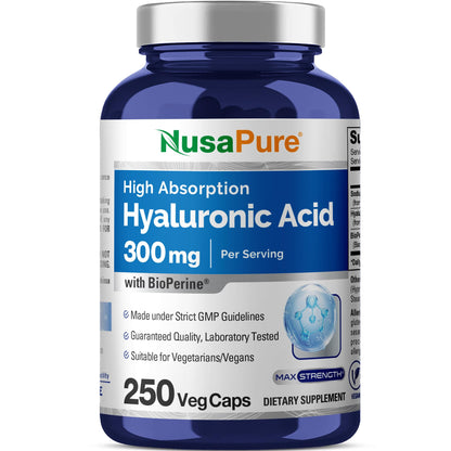 NusaPure Hyaluronic Acid 300mg 250 Veggie Capsules (Non-GMO, Vegan) NusaPureBuy Supplements Australia