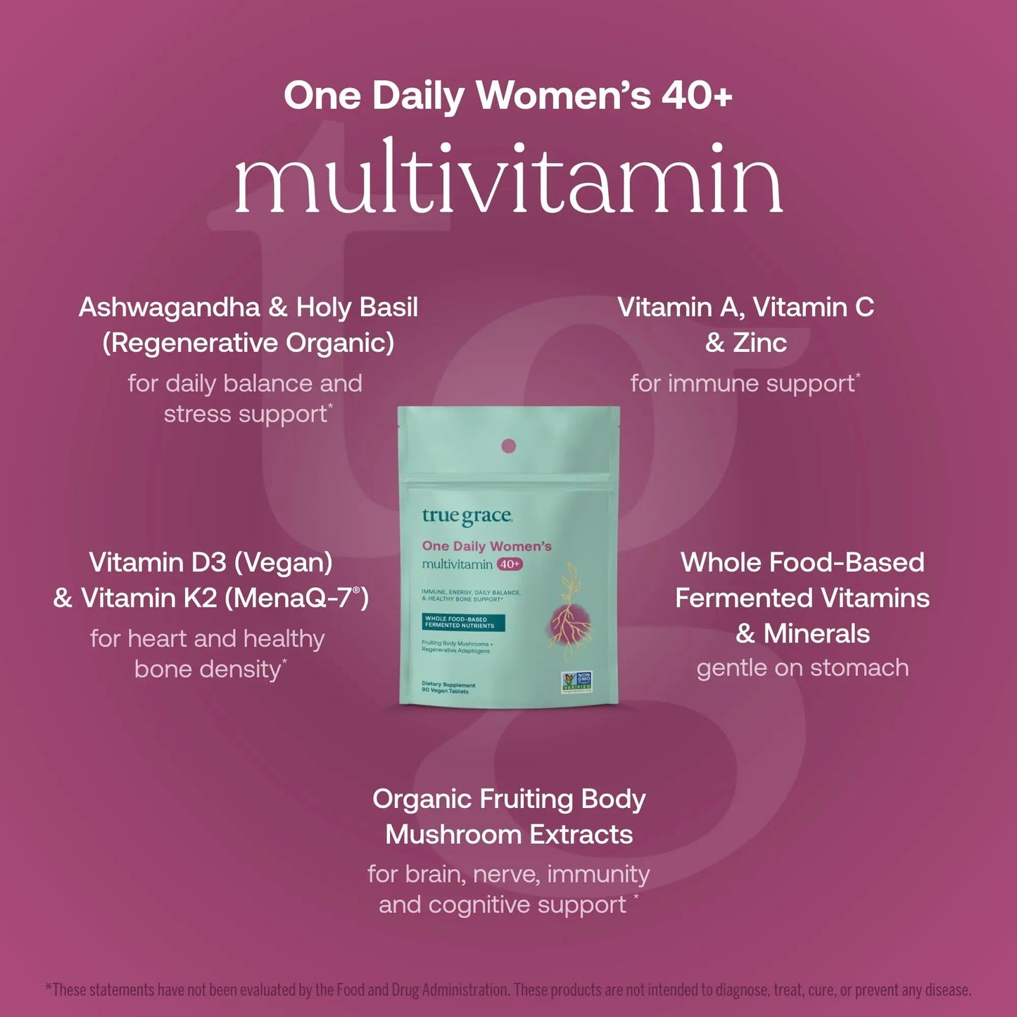 True Grace One Daily Women’s Multivitamin 40+ Fermented Minerals, Organic Adaptogens & Mushrooms Energy, Immune, Bone Support True Grace