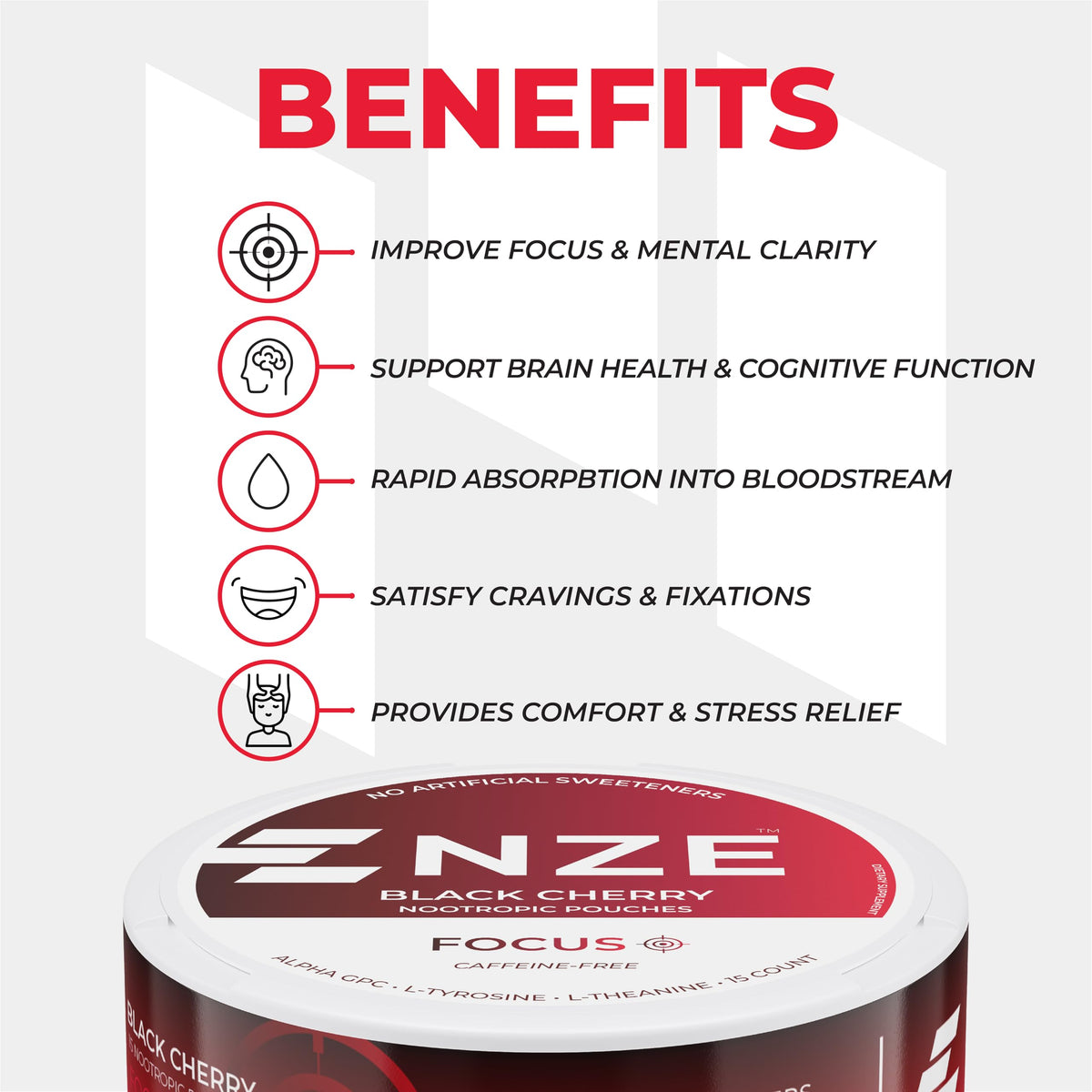 NZE Caffeine Free Nootropic Pouches (Black Cherry) - Nootropic Pouches with Alpha GPC, L-Tyrosine & L-Theanine - No Sugar or Artificial Sweeteners - 15 Pouches Per Can - 5 Pack NZEBuy Supplements Australia