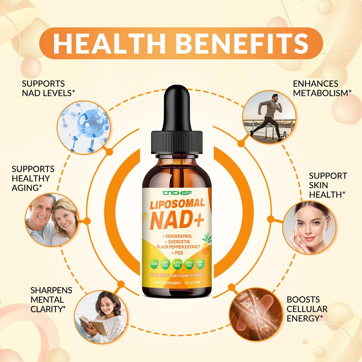 CNCHEF Liposomal NAD Supplement - 1500mg NAD+ Liquid Drop for Women & Men Nicotinamide Riboside Chloride & Resveratrol Complex - Cellular Renewal, Anti-Aging Support - 30 Servings (2 fl oz) CNCHEFBuy Supplements Australia