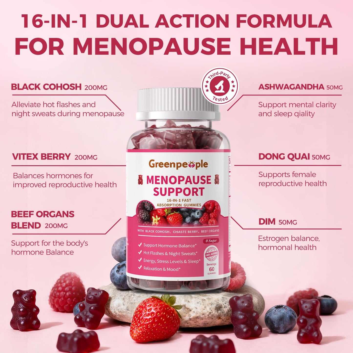 GREENPEOPLE Menopause Supplements for Women Gummies - 16-in-1 Dual Action Menopause Relief W/Black Cohosh, Vitex, Beef Organs for Hormone Balance, Hot Flashes, Night Sweats & Mood, Sugar-Free 60 CT GREENPEOPLEBuy Supplements Australia