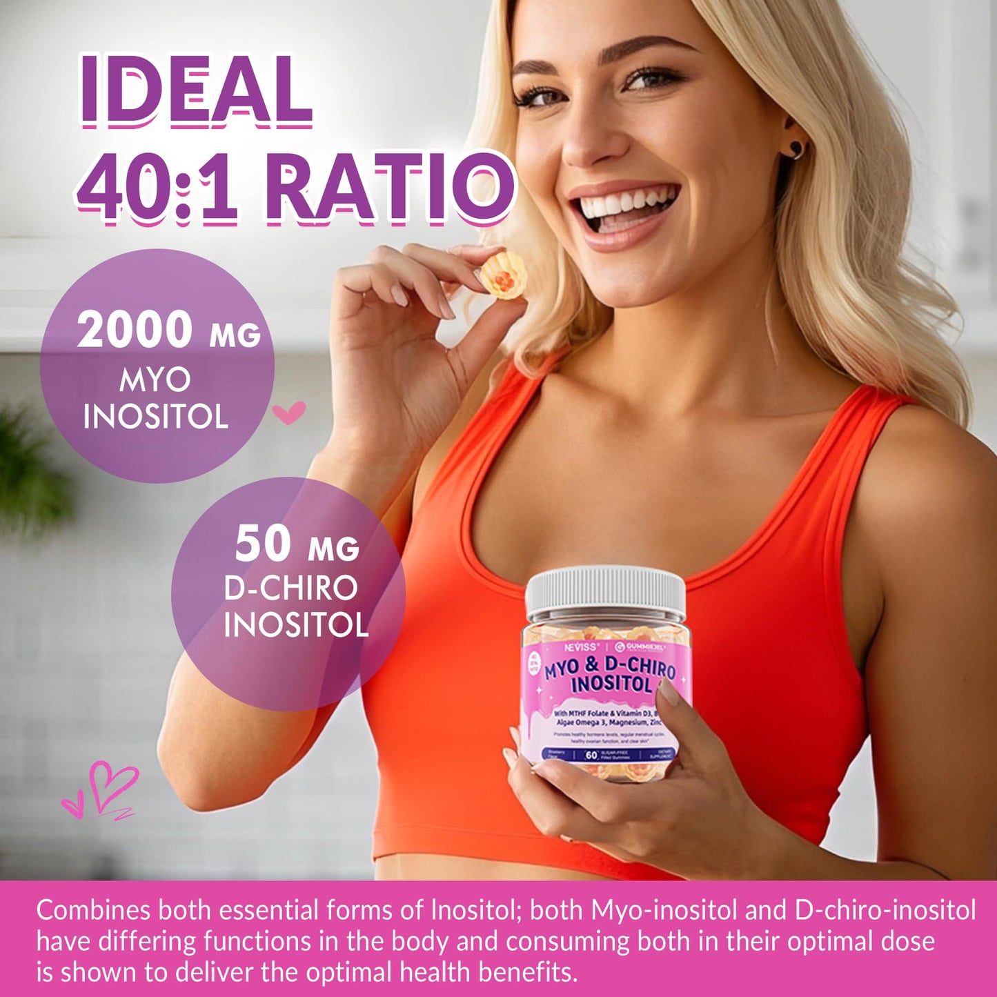 Myo-Inositol & D-Chiro Inositol, Hormone Balance for Women | Sugar Free Inositol Gummies w/Omega 3, MTHF Folate, Vitamin D3, B12, Magnesium & Zinc for Ovarian Health, Ideal 40:1 Ratio, Vegan, 60 Cts NEVISSBuy Supplements Australia