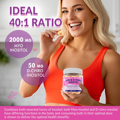 Myo-Inositol & D-Chiro Inositol, Hormone Balance for Women | Sugar Free Inositol Gummies w/Omega 3, MTHF Folate, Vitamin D3, B12, Magnesium & Zinc for Ovarian Health, Ideal 40:1 Ratio, Vegan, 60 Cts NEVISSBuy Supplements Australia