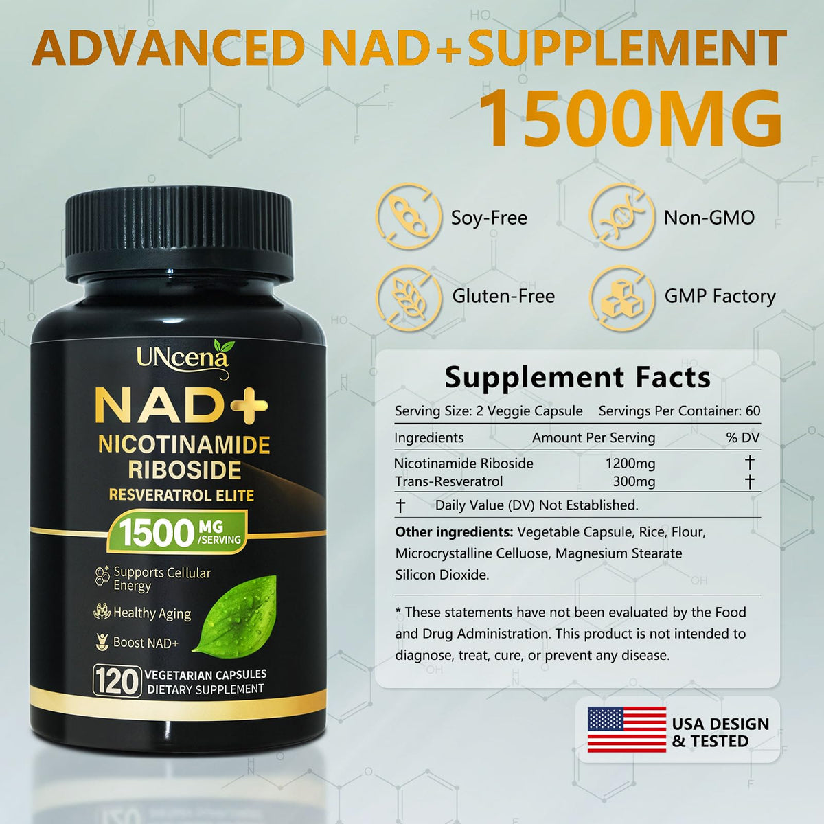 UNcena NAD Supplement 1500mg - Liposomal NAD+ Nicotinamide Riboside with Resveratrol, NAD Plus Boosting - Support Cellular Health, Stamina & Healthy Aging for Women & Men- 120 Capsules UNcenaBuy Supplements Australia