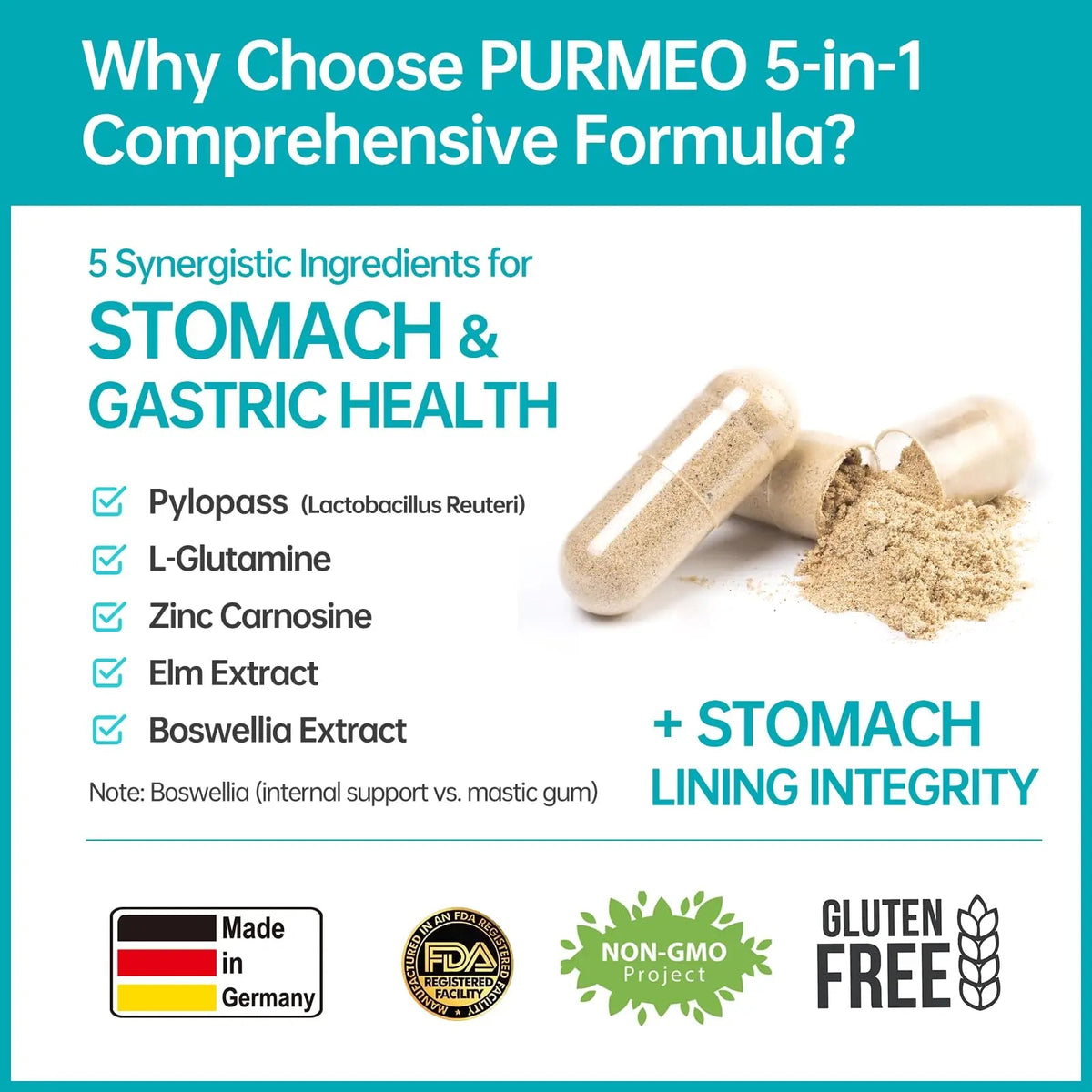 5-in-1 High Potency H. Pylori Probiotic, 1 Per Day - Supports Gastric Lining Integrity, Occasional Indigestion, Acid Comfort - Pylopass Lactobacillus Reuteri, Gluten Free, Vegan, 30ct, Made in Germany purmeoBuy Supplements Australia