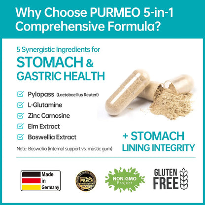 5-in-1 High Potency H. Pylori Probiotic, 1 Per Day - Supports Gastric Lining Integrity, Occasional Indigestion, Acid Comfort - Pylopass Lactobacillus Reuteri, Gluten Free, Vegan, 30ct, Made in Germany purmeoBuy Supplements Australia