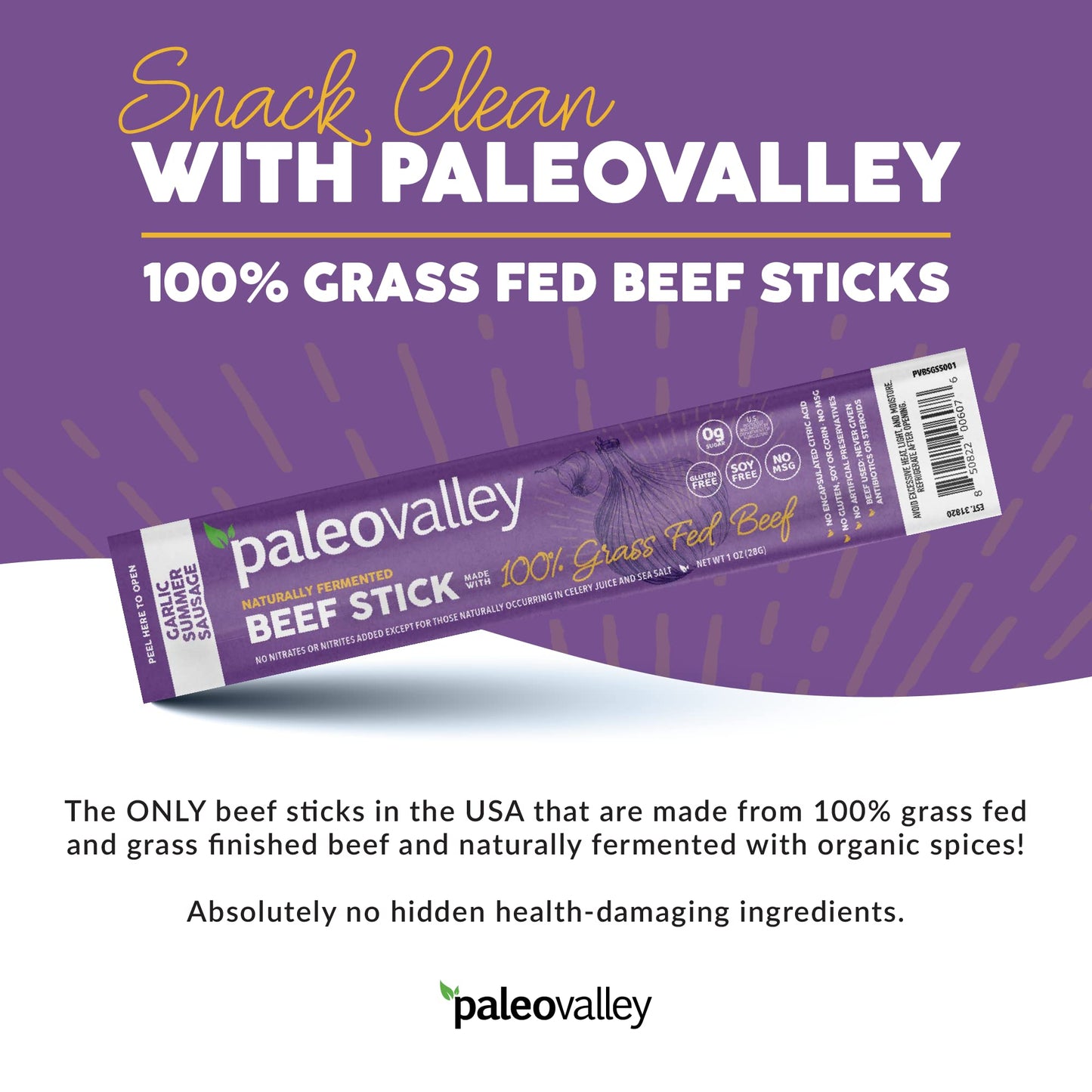 Paleovalley 100% Grass Fed Garlic Summer Sausage Beef Sticks - Delicious Gluten Free Beef Snack - High Protein Keto Friendly PaleovalleyBuy Supplements Australia