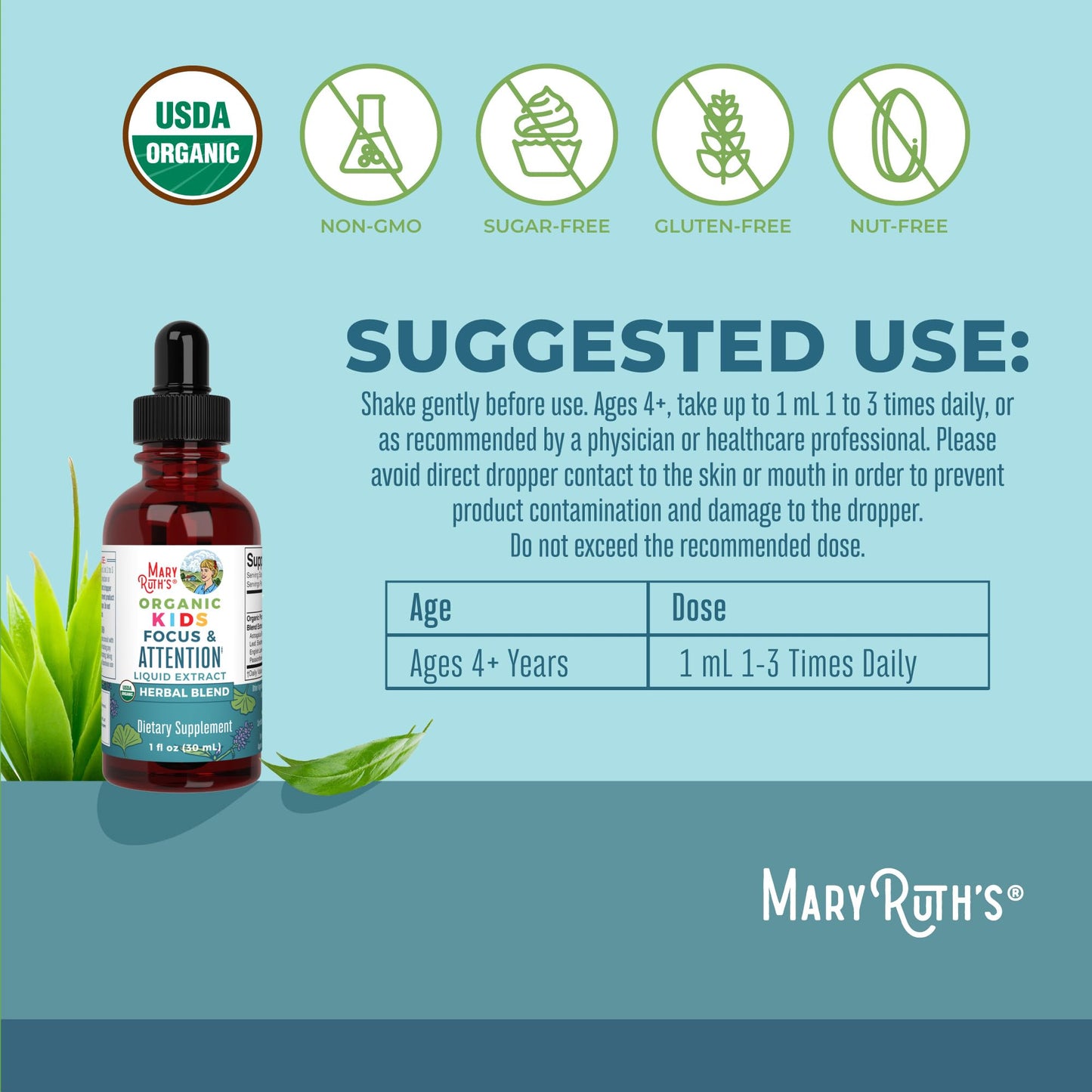 MaryRuth Organics Kids Focus & Attention Drops | USDA Organic Drops | Ginkgo Biloba | Rhodiola Root & Licorice Root | Adaptogenic | Calm | Vegan | Non-GMO | Gluten Free | 30 Servings MARYRUTH'SBuy Supplements Australia
