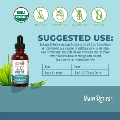 MaryRuth Organics Kids Focus & Attention Drops | USDA Organic Drops | Ginkgo Biloba | Rhodiola Root & Licorice Root | Adaptogenic | Calm | Vegan | Non-GMO | Gluten Free | 30 Servings MARYRUTH'SBuy Supplements Australia