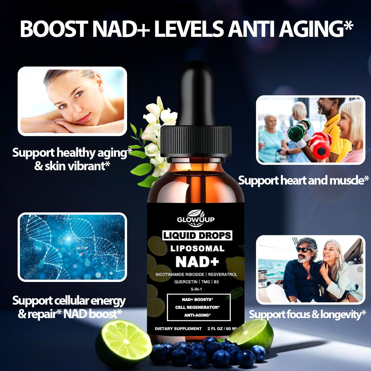 NAD Supplements for Women & Men, Liposomal NAD Nicotinamide Riboside Resveratrol 900mg w. B3 Vitamin Quercetin TMG, Liquid Resveratrol NAD Plus Supplement for Anti-Aging Energy Focus Longevity GLOVVUUPBuy Supplements Australia
