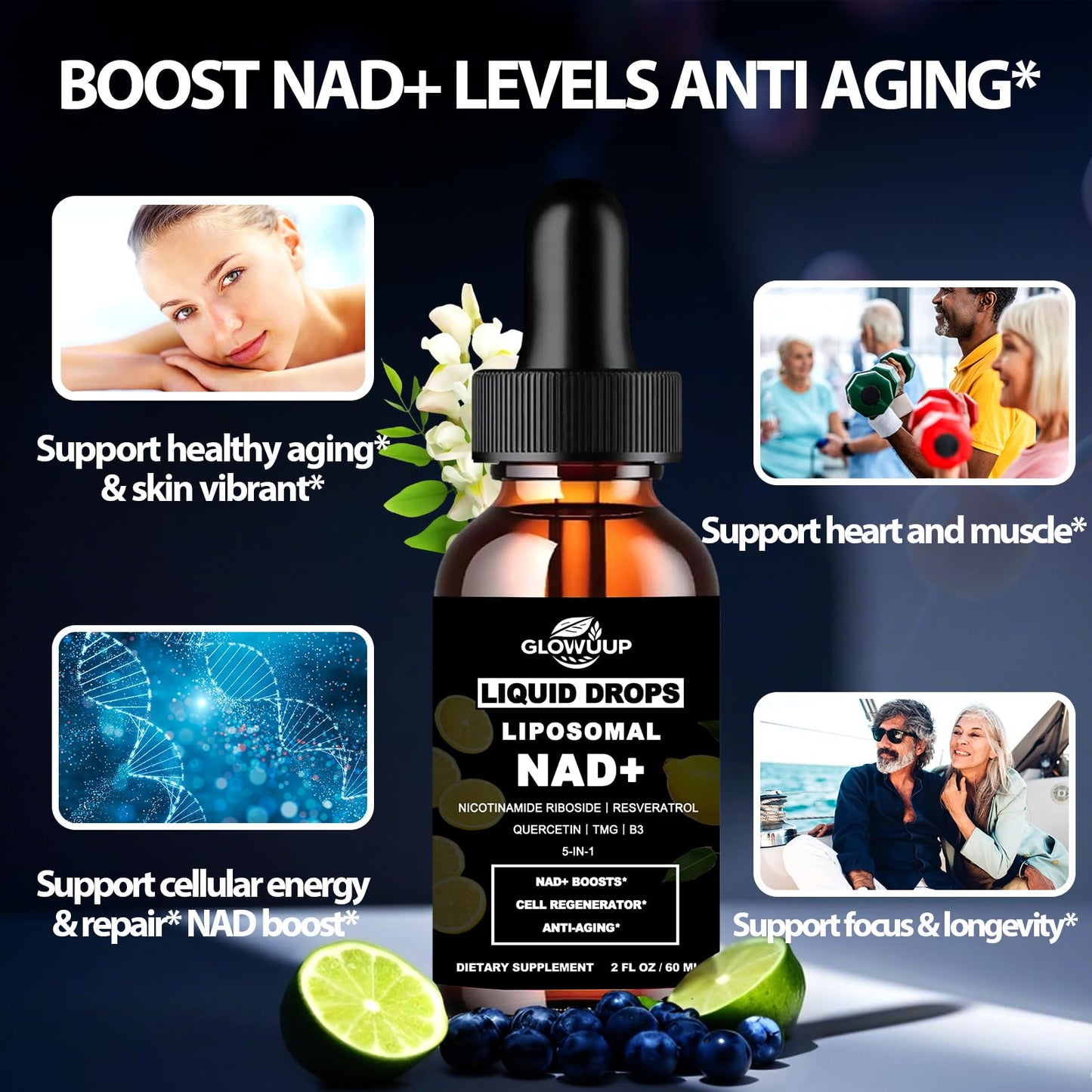 NAD Supplements for Women & Men, Liposomal NAD Nicotinamide Riboside Resveratrol 900mg w. B3 Vitamin Quercetin TMG, Liquid Resveratrol NAD Plus Supplement for Anti-Aging Energy Focus Longevity GLOVVUUPBuy Supplements Australia