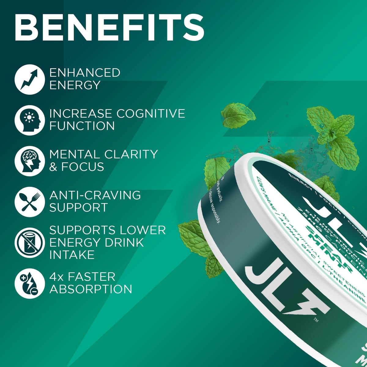 JLT 75 mg Caffeine Nootropic Pouches | Nootropic Energy Pouches with 75mg Caffeine, Lion's Mane, Alpha GPC, L-Tyrosine & L-Theanine with no Artificial Sweeteners | 15 Pouches Per Can JLT EnergyBuy Supplements Australia