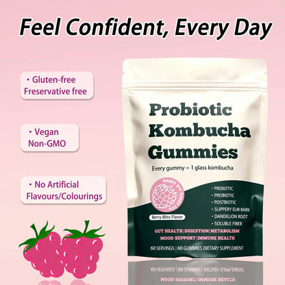 Glo Vous Probiotic Kombucha Gummies – 60 Gummies, with Prebiotics, Postbiotics & Fiber,Includes Slippery Elm, Dandelion Root & MCT Oil,Supports Digestive Health, Bloating Relief & Gut Support Glo VousBuy Supplements Australia