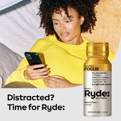 Ryde: Focus Shot | Orange Flavor | L-Theanine & Ginseng | Green Tea Caffeine | Vitamins B2 & B7 | 0 Calories, 0 Sugar | 2 FL OZ Shots | Supports Focus* (8 Pack) RYDEBuy Supplements Australia