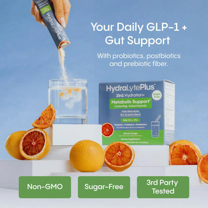 Hydralyte Plus Metabolic Support - GLP-1 Weight Loss Management and Gut Health - 5in1 Probiotic Blend - Akkermansia Muciniphila + Prebiotic Fiber + Electrolytes - Sugar Free (30 Packets) HydralyteBuy Supplements Australia