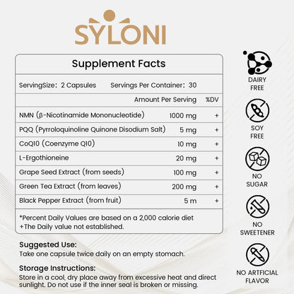 Syloni NMN Supplement 1000mg, 99% Pure NMN 4-in-1 NAD+ Booster with PQQ, CoQ10, L-Ergothioneine, 60 Capsules Nicotinamide Mononucleotide - Anti-Aging, Energy Boost, DNA Repair for Adults, Vegan SyloniBuy Supplements Australia