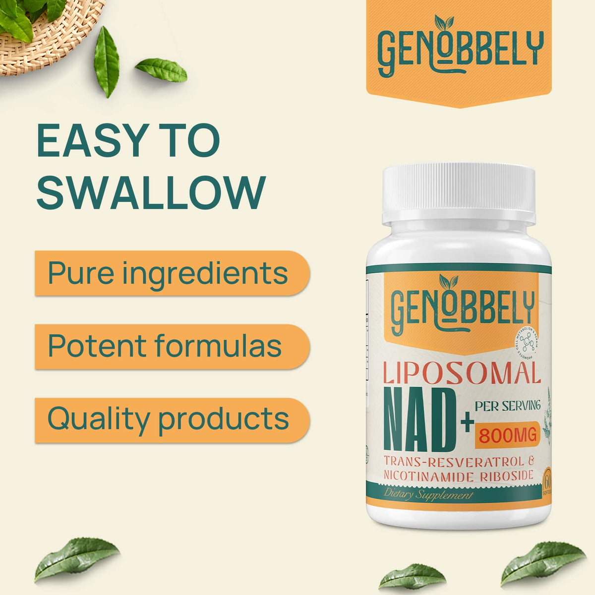 GENOBBELY 800 mg Liposomal NAD+ Supplement with Nicotinamide Riboside 200 mg, Trans-Resveratrol 100 mg - True NAD Supplement for DNA Repair, Healthy Aging, Brain Function - 60-Day Supply GENOBBELYBuy Supplements Australia