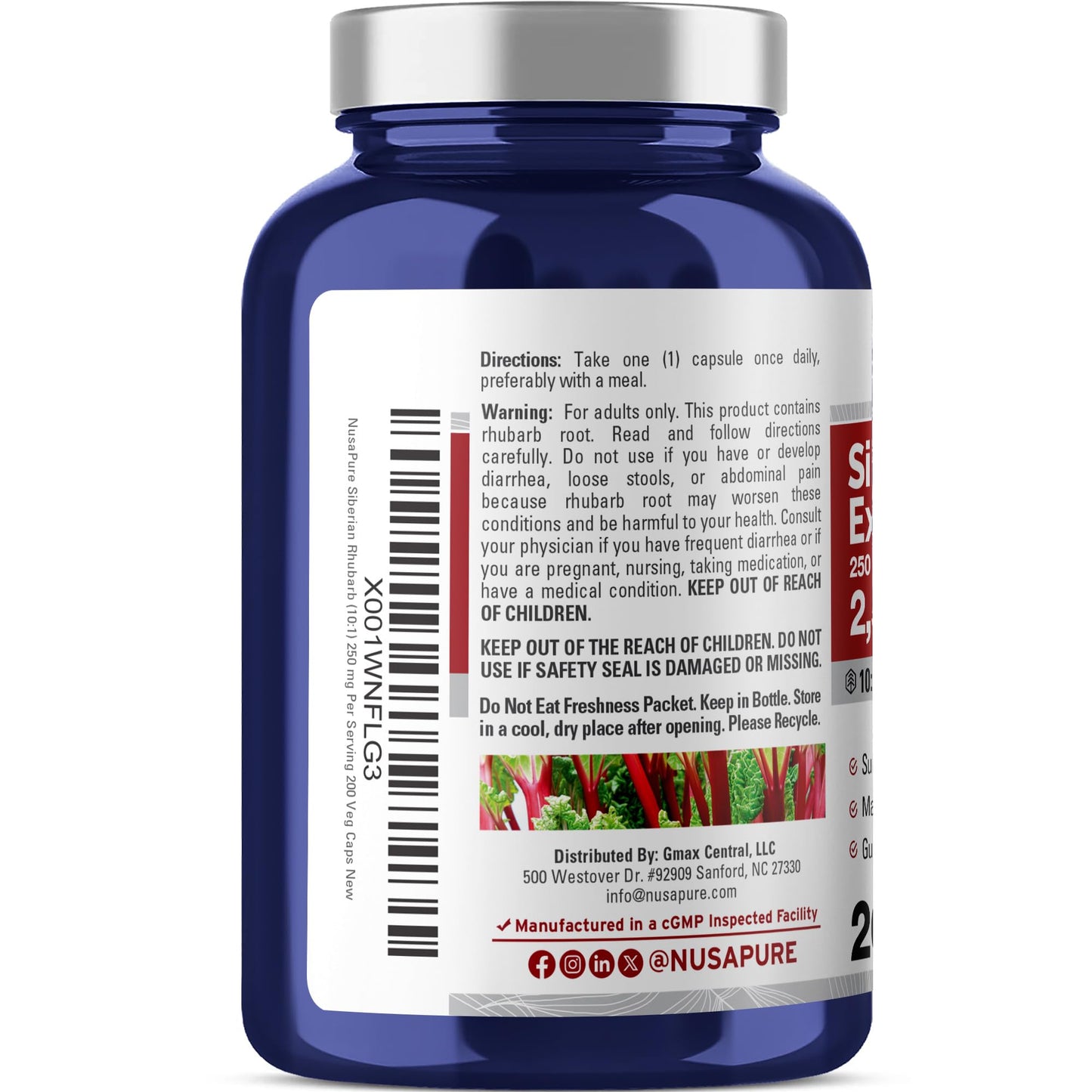 NusaPure Siberian Rhubarb 10:1 Extract, 250 mg Equivalent to 2,500mg - 200 Veggie Capsules (Vegetarian, Non-GMO, Vegan) NusaPureBuy Supplements Australia