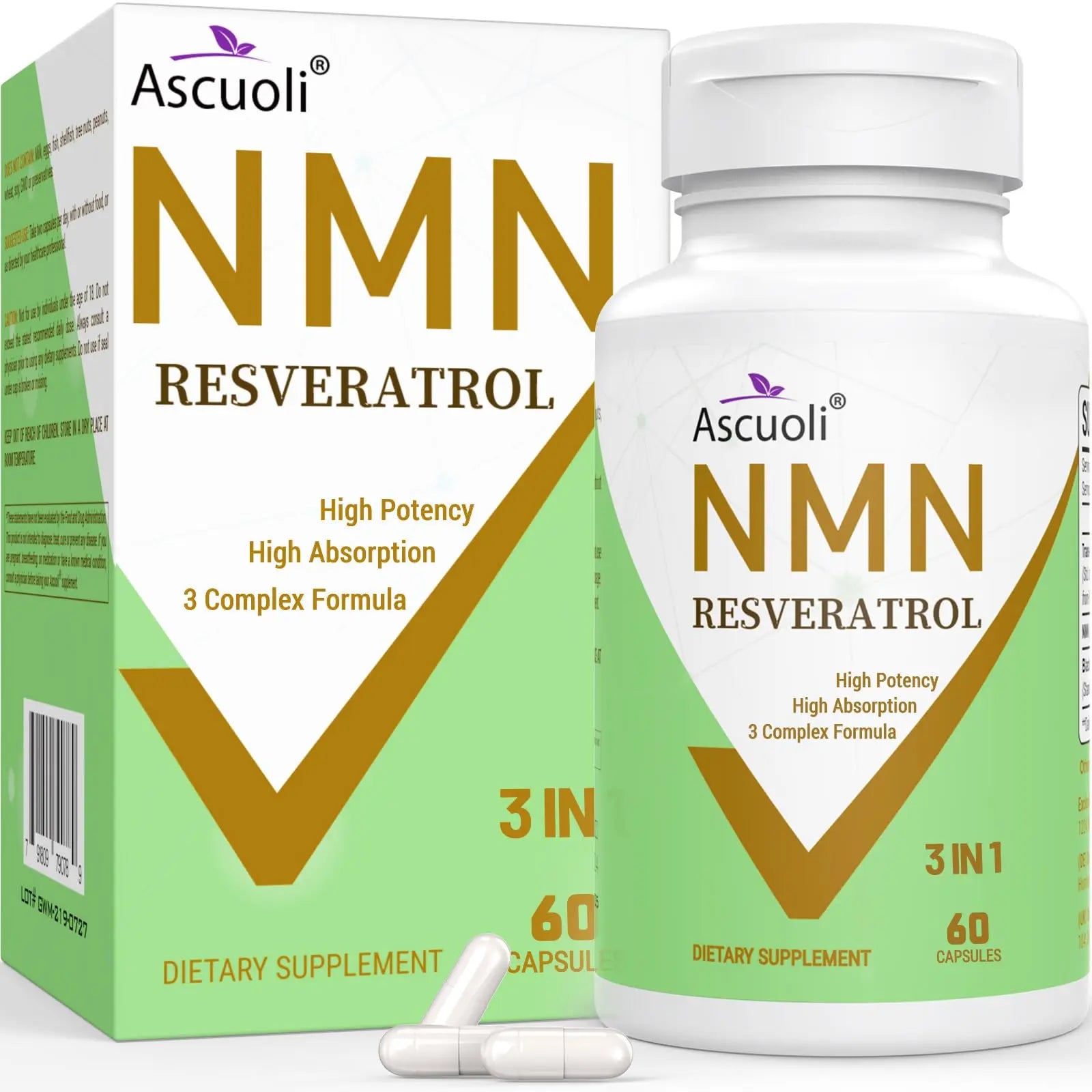 99% Ultra Purity NMN 500mg + Trans-Resveratrol 600mg, 1150mg NMN Resveratrol Supplement, 3-in-1 Advanced Formula for Boost* NAD, Cell, Immune, Energy & Muscle, Healthy Aging, Stabilized Form - 60 Caps AscuoliBuy Supplements Australia