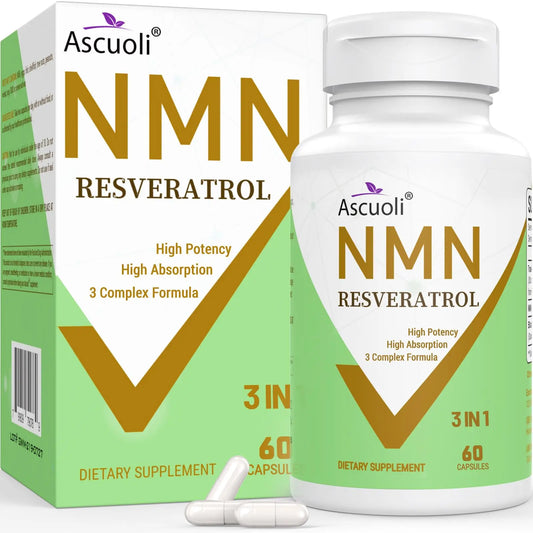 99% Ultra Purity NMN 500mg + Trans-Resveratrol 600mg, 1150mg NMN Resveratrol Supplement, 3-in-1 Advanced Formula for Boost* NAD, Cell, Immune, Energy & Muscle, Healthy Aging, Stabilized Form - 60 Caps AscuoliBuy Supplements Australia