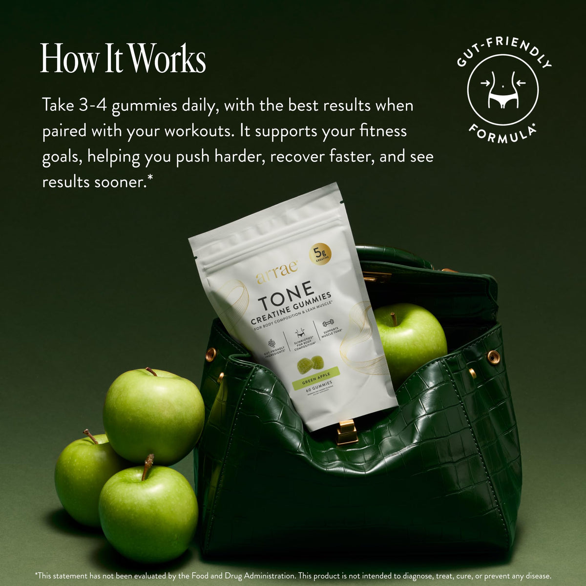 Arrae Tone Gummies – Creatine Monohydrate 5g for Women – Support Lean Muscle, Strength & Recovery – Hormone-Friendly Muscle Toning Supplement – Sour Green Apple Flavor – 60 Count (Sour Green Apple) ArraeBuy Supplements Australia
