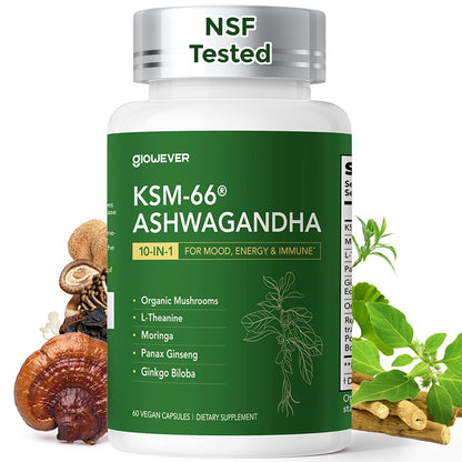 GlowEver KSM-66 Ashwagandha Supplements with L-Theanine Moringa Organic Mushrooms Complex Ginseng Ginkgo Biloba - Mood & Energy Support, Cortisol Manager, Immune Support, 60 Vegan Capsules GlowEverBuy Supplements Australia