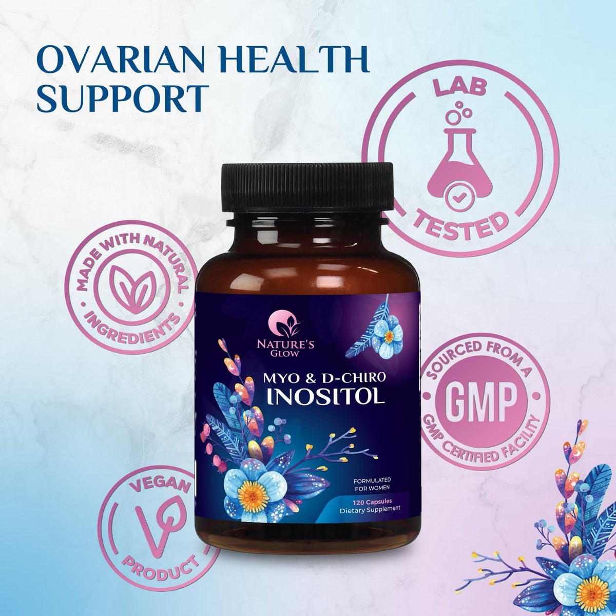Myo-Inositol & D-Chiro Inositol 1025mg - 40:1 Ideal Ratio for Ovarian Support, Vegan Myo & D Chiro Supplement for Women's Natural Balance and Hormone Support, Vitamin B8, Non-GMO - 120 Capsules Nature's GlowBuy Supplements Australia